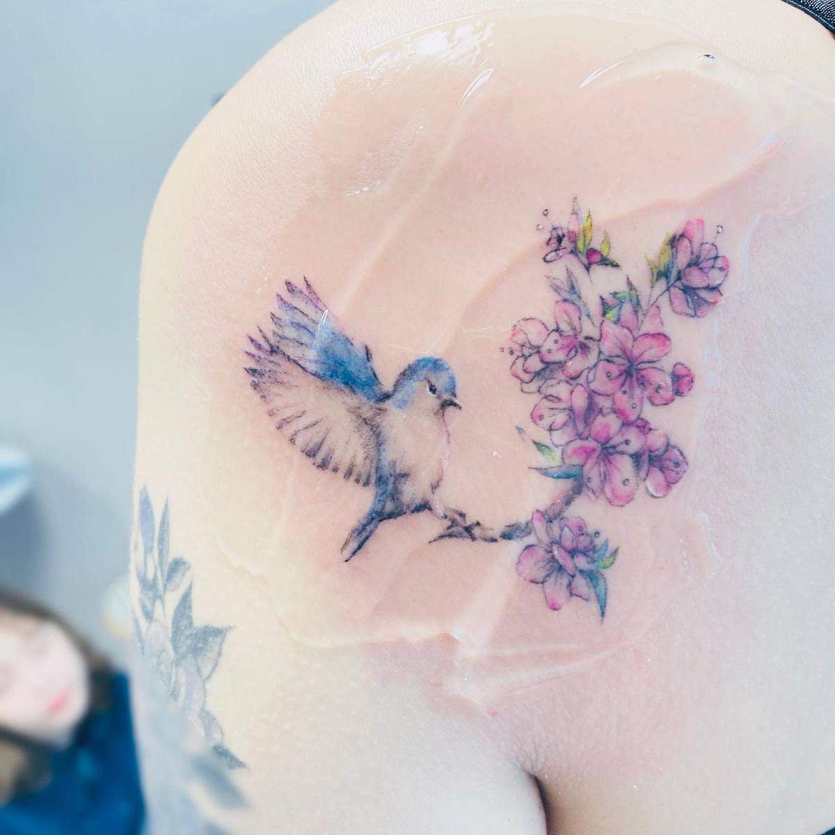 A fresh tattoo of a small bird and pink flowers on a shoulder covered with transparent film