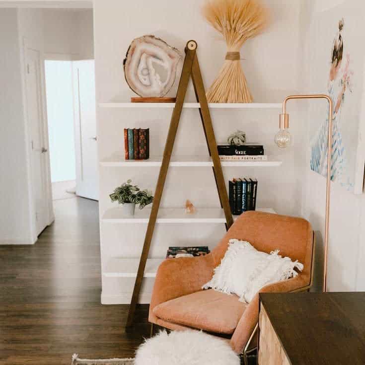 boho shelving ideas with accent chair