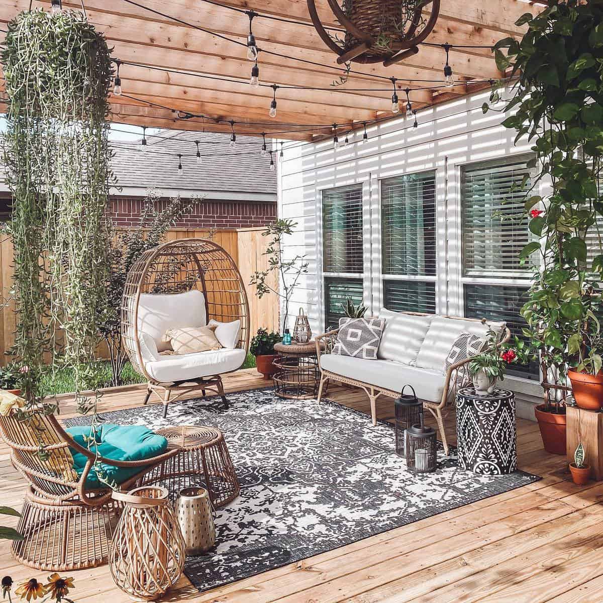 boho patio with wood pergola