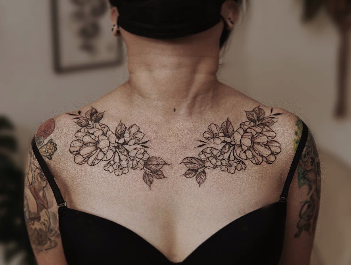 Individual with floral tattoos across both shoulders