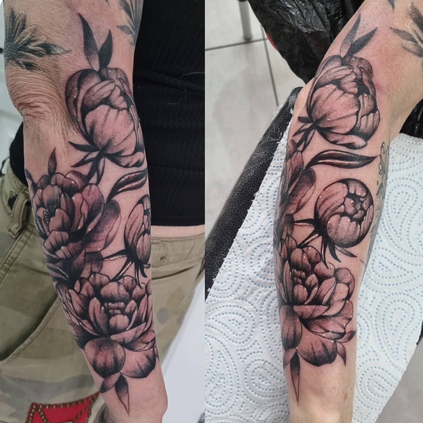 Forearm tattoo of blooming peony flowers in black ink