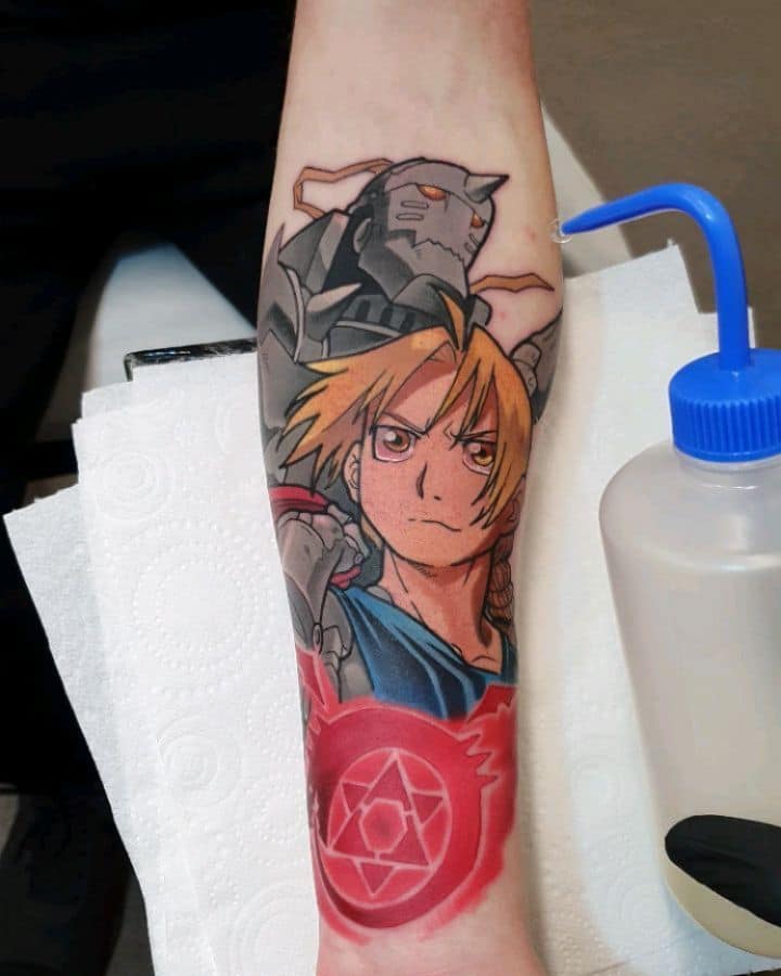 Fullmetal Alchemist tattoo of Edward and Alphonse Elric, featuring bold colors, detailed shading, and a glowing red transmutation circle