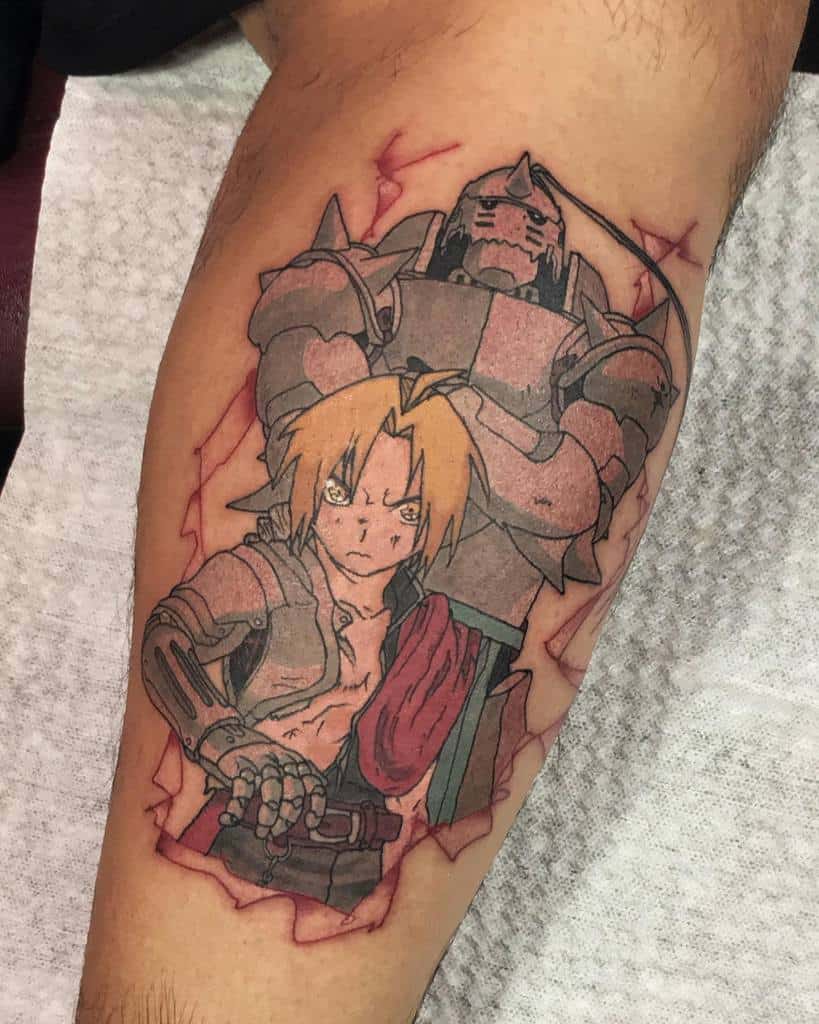 Fullmetal Alchemist tattoo of Edward and Alphonse Elric appearing through torn skin, intense battle-ready expressions