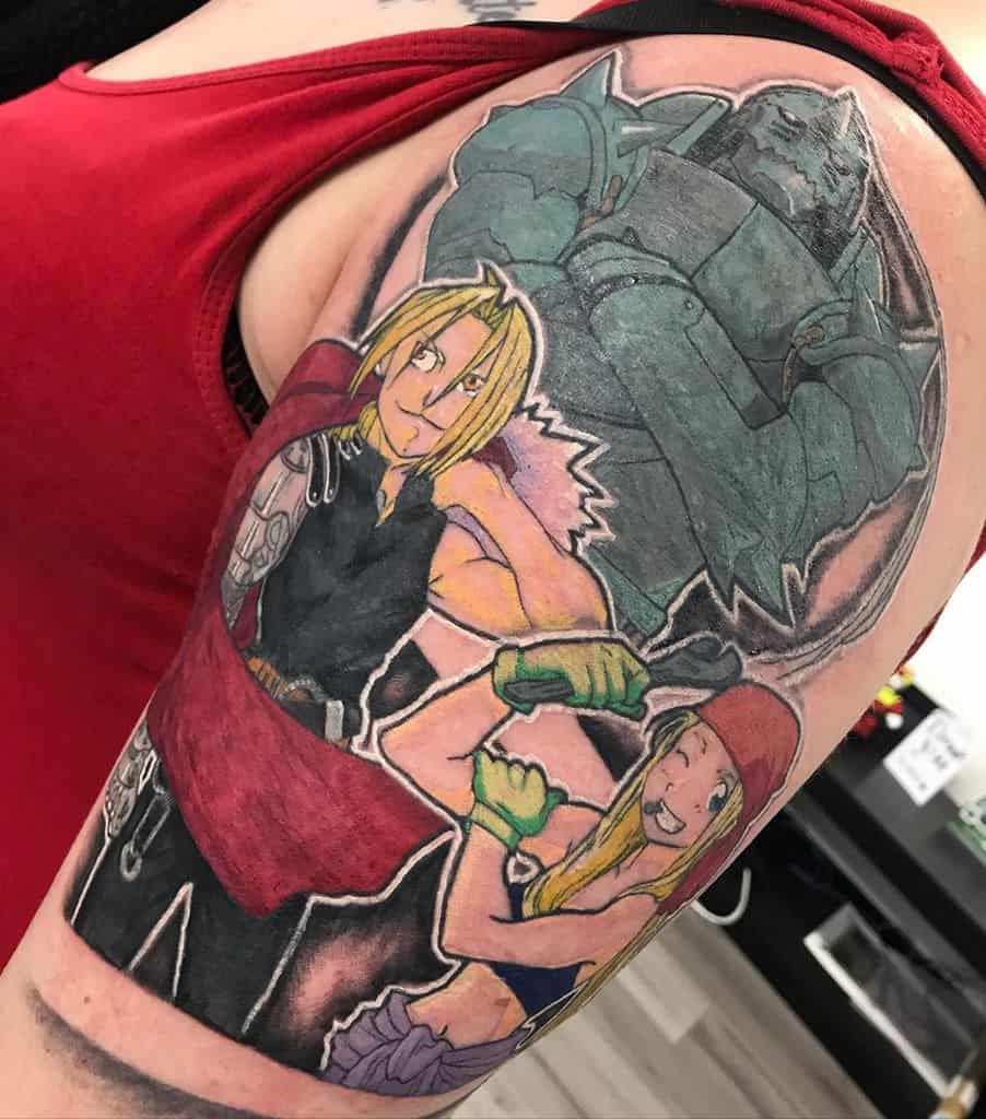 Fullmetal Alchemist tattoo featuring Edward Elric, Winry Rockbell with her wrench, and Alphonse Elric
