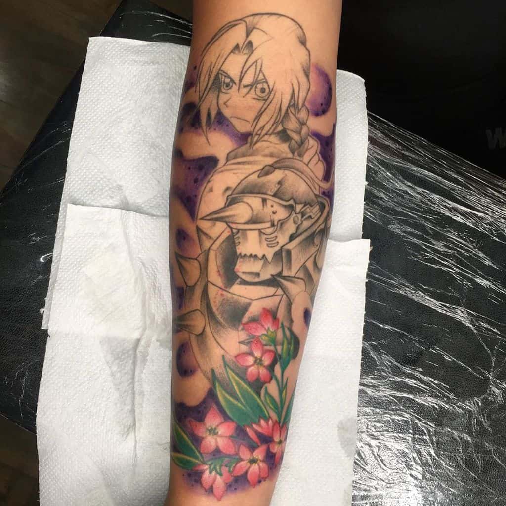 Fullmetal Alchemist tattoo of Edward and Alphonse Elric, featuring a purple aura background and vibrant pink flowers at the base