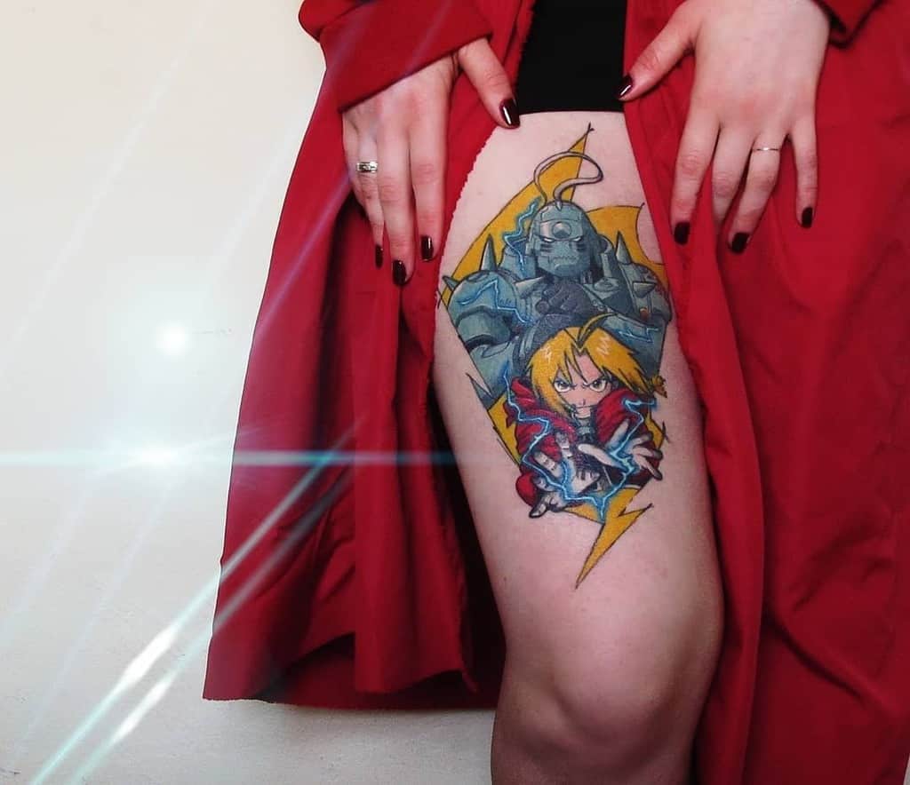 Fullmetal Alchemist tattoo of Edward and Alphonse Elric, featuring electric blue alchemy energy and a bold yellow background