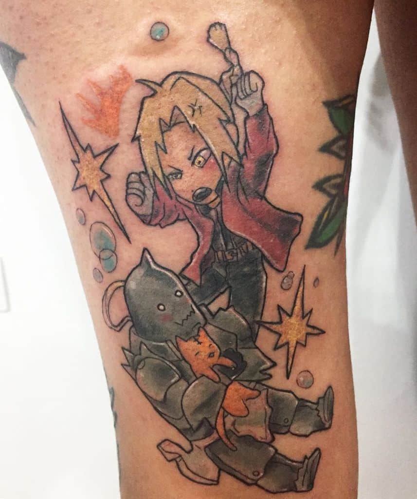 Fullmetal Alchemist tattoo of Edward angrily chasing Alphonse, who is holding a cat, depicted in a fun chibi style with bubbles and action effects