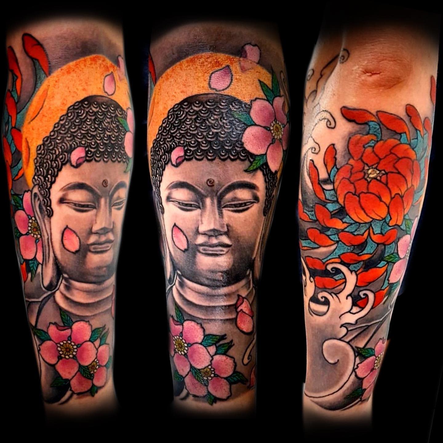 A detailed tattoo of Buddha with flowers