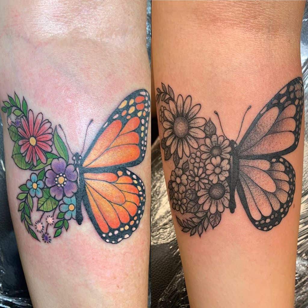 Matching butterfly tattoos on forearms, one in vibrant orange and floral colors, the other in black and gray with detailed flower shading.