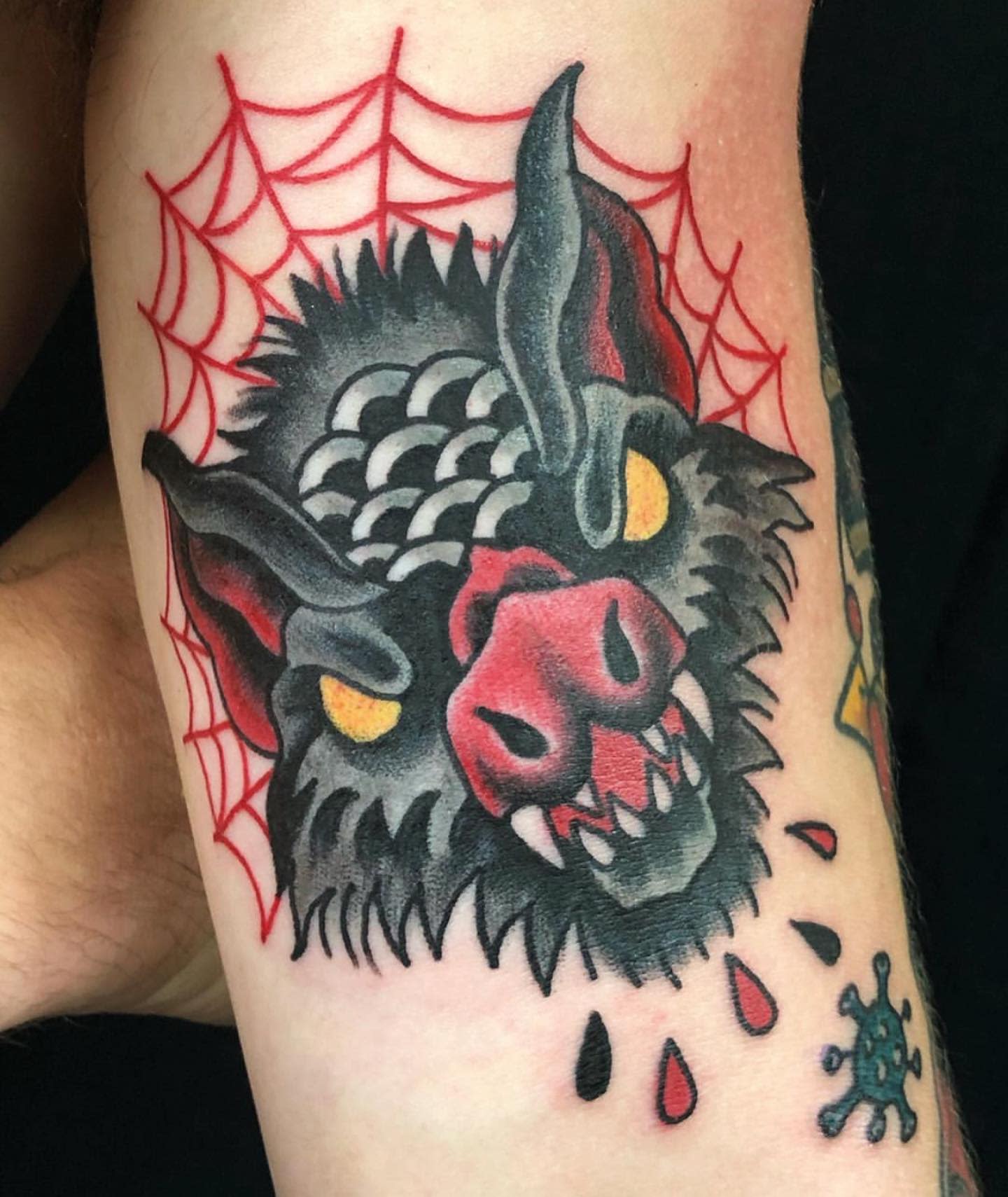 Tattoo of a bat surrounded by a red web, with dripping blood and a virus symbol