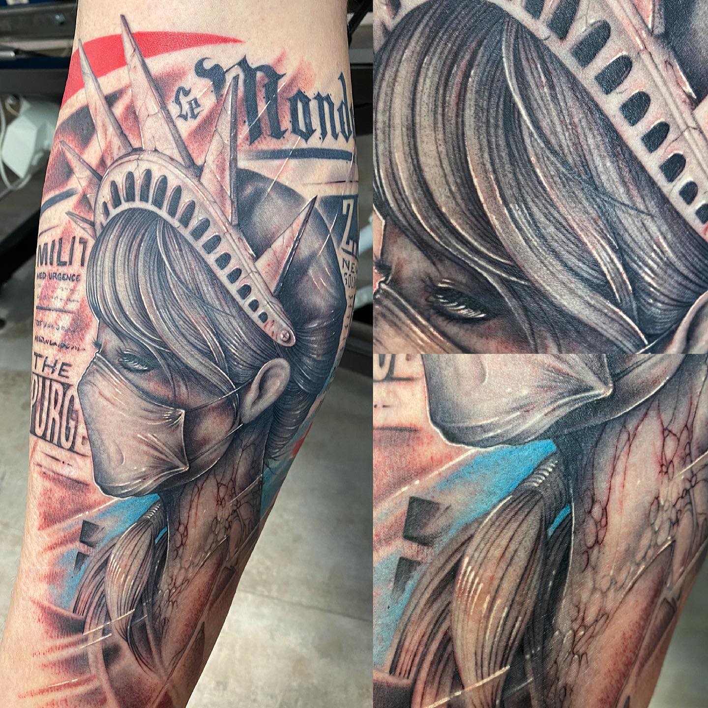 Detailed tattoo of Liberty Lady wearing a mask with intricate background elements