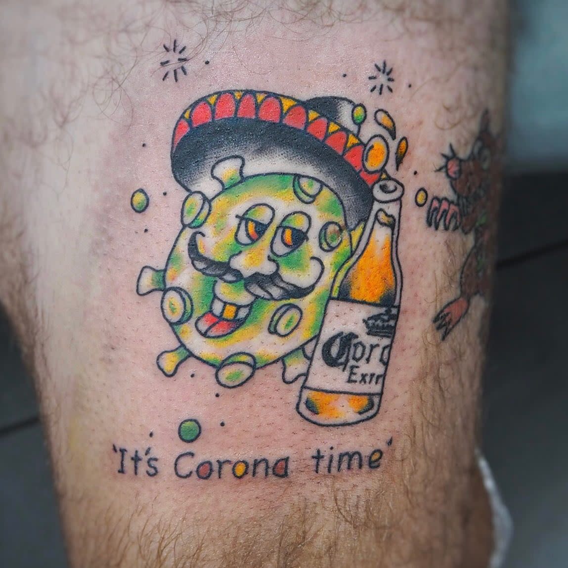 Cartoon virus with hat and mustache holding a Corona Extra beer, text "It's Corona time"
