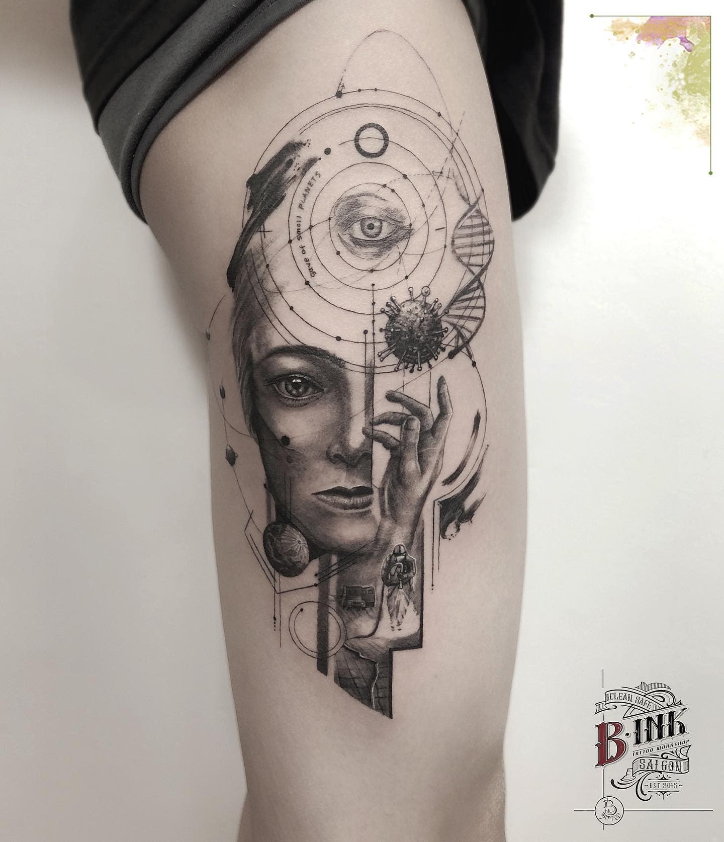 Surrealistic tattoo with a woman's face, pandemic and geometric elements on a thigh