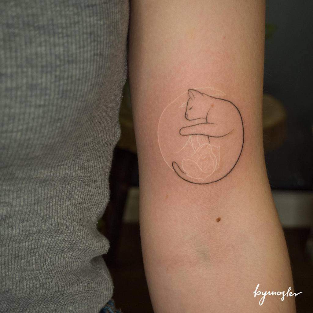 A small curled-up cat tattoo on a person's upper arm