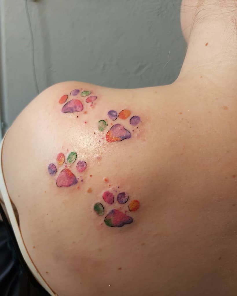 Four colorful cat paw tattoos on a person's right shoulder blade