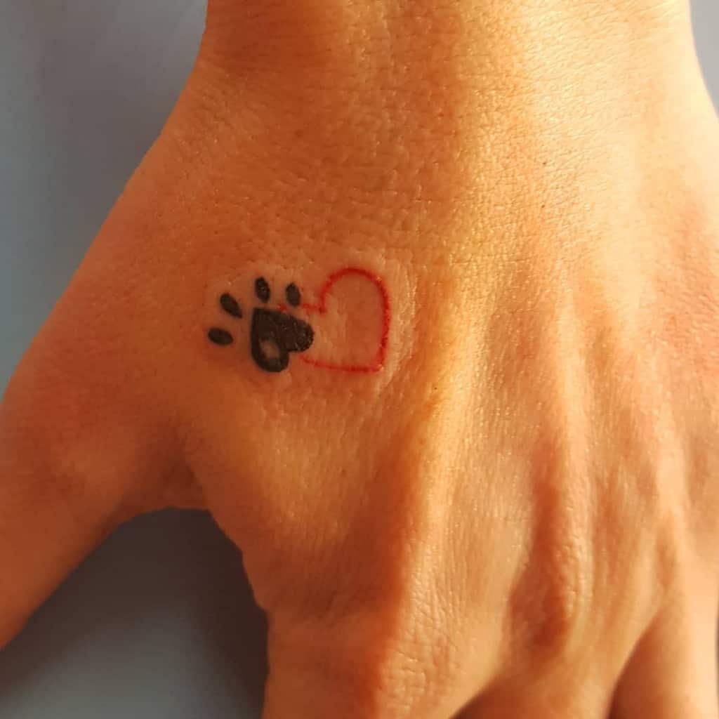 A small tattoo of a black cat paw print and a red heart outline on the back of a hand