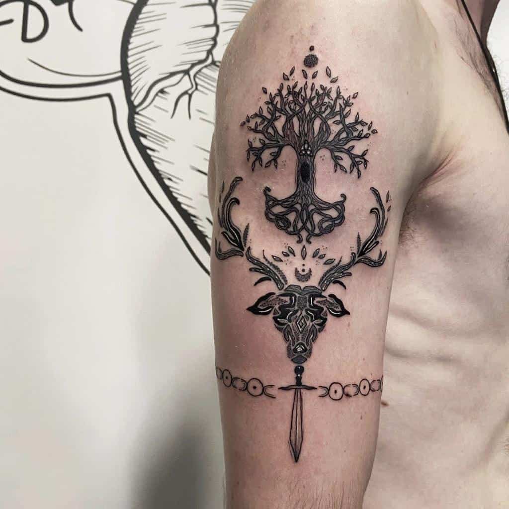 Arm tattoo with a tree, antlers, and sword, featuring geometric elements and moons beneath each design
