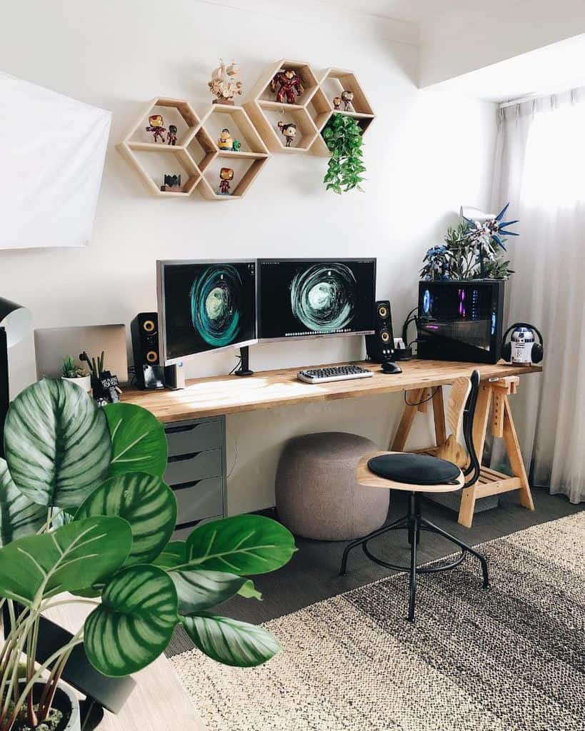 modern study setup with wood pallet desk and wall shelves