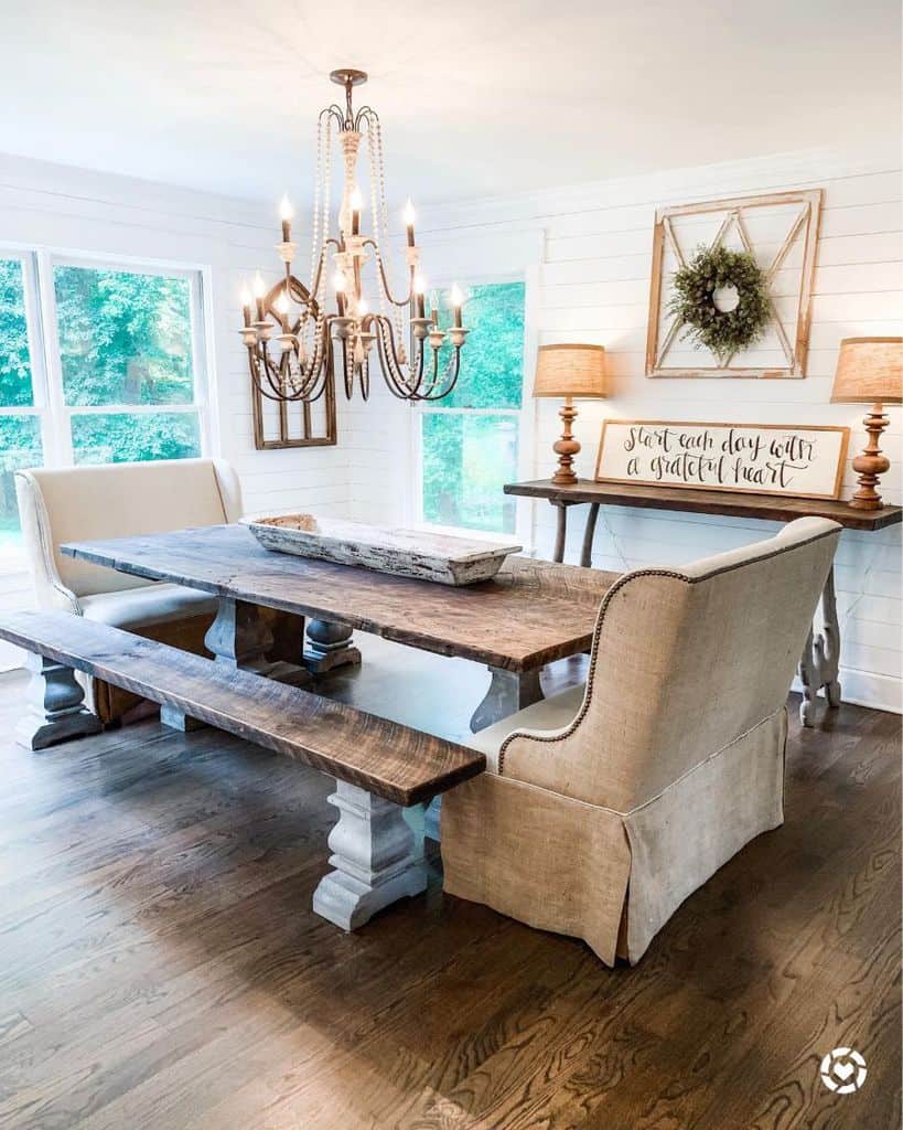 rustic dining room wood table vintage chandelier