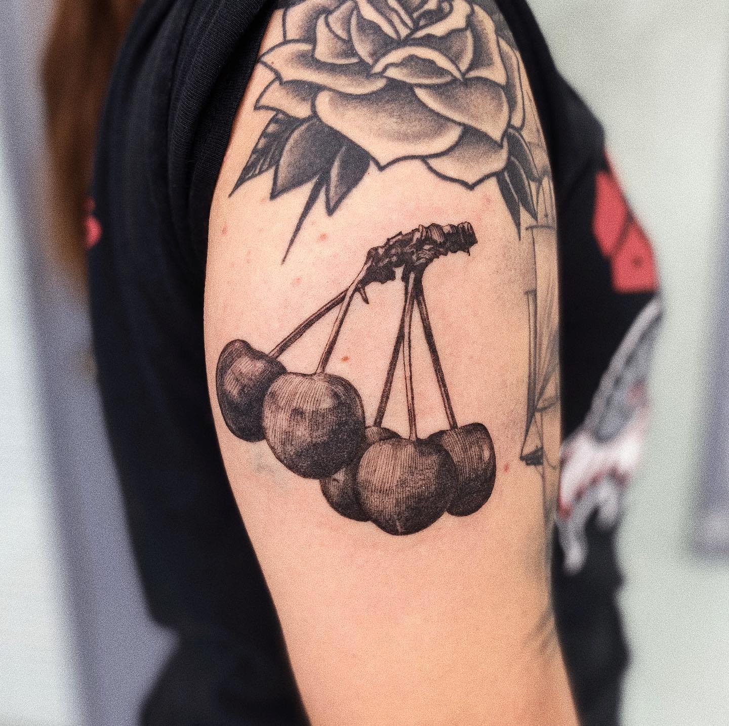 Tattoo of cherries and a rose on an upper arm