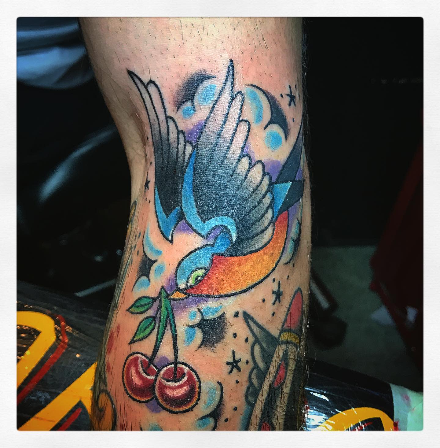 Colorful tattoo of a bird holding cherries in its beak on a leg