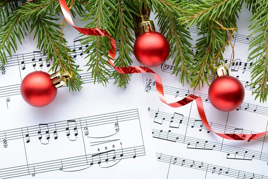 Christmas decorations and music notes