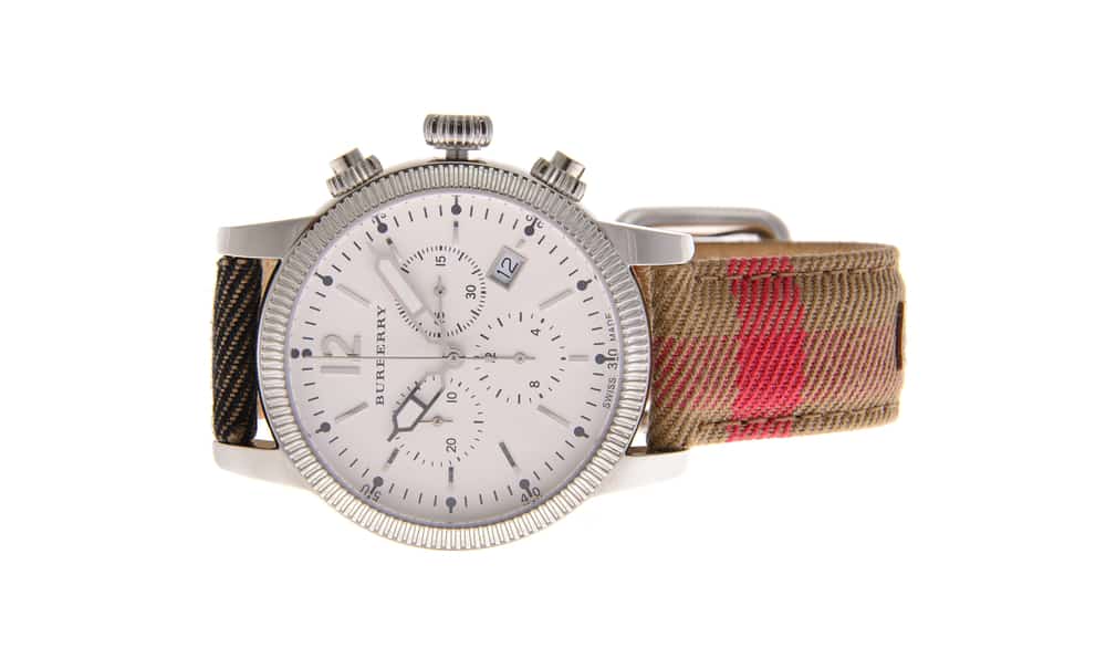 Burberry chronograph Haymarket watch is seen against a blank background