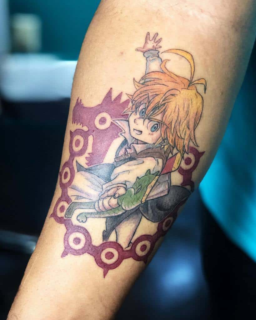 Colorful tattoo of a young Meliodas from The Seven Deadly Sins, with a playful expression, surrounded by Dragon’s Sin of Wrath and holding a sword