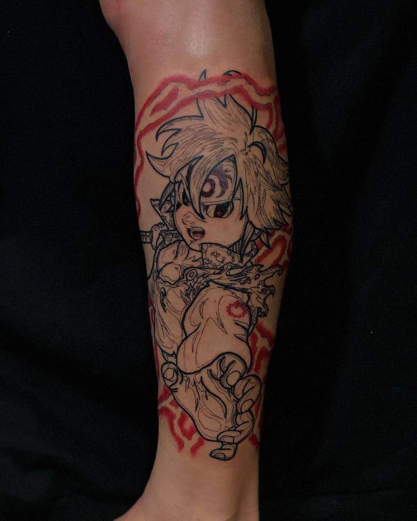 Colorful tattoo of Meliodas in his Assault Mode from The Seven Deadly Sins, featuring a third eye, dynamic pose, and red ink accents around him