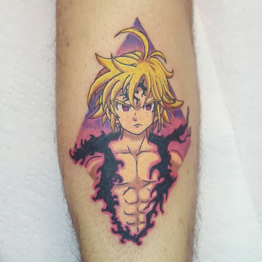 Colorful tattoo of Meliodas in his Assault Mode from The Seven Deadly Sins, showing his muscular chest and third eye, surrounded by a vibrant, purple ink accent