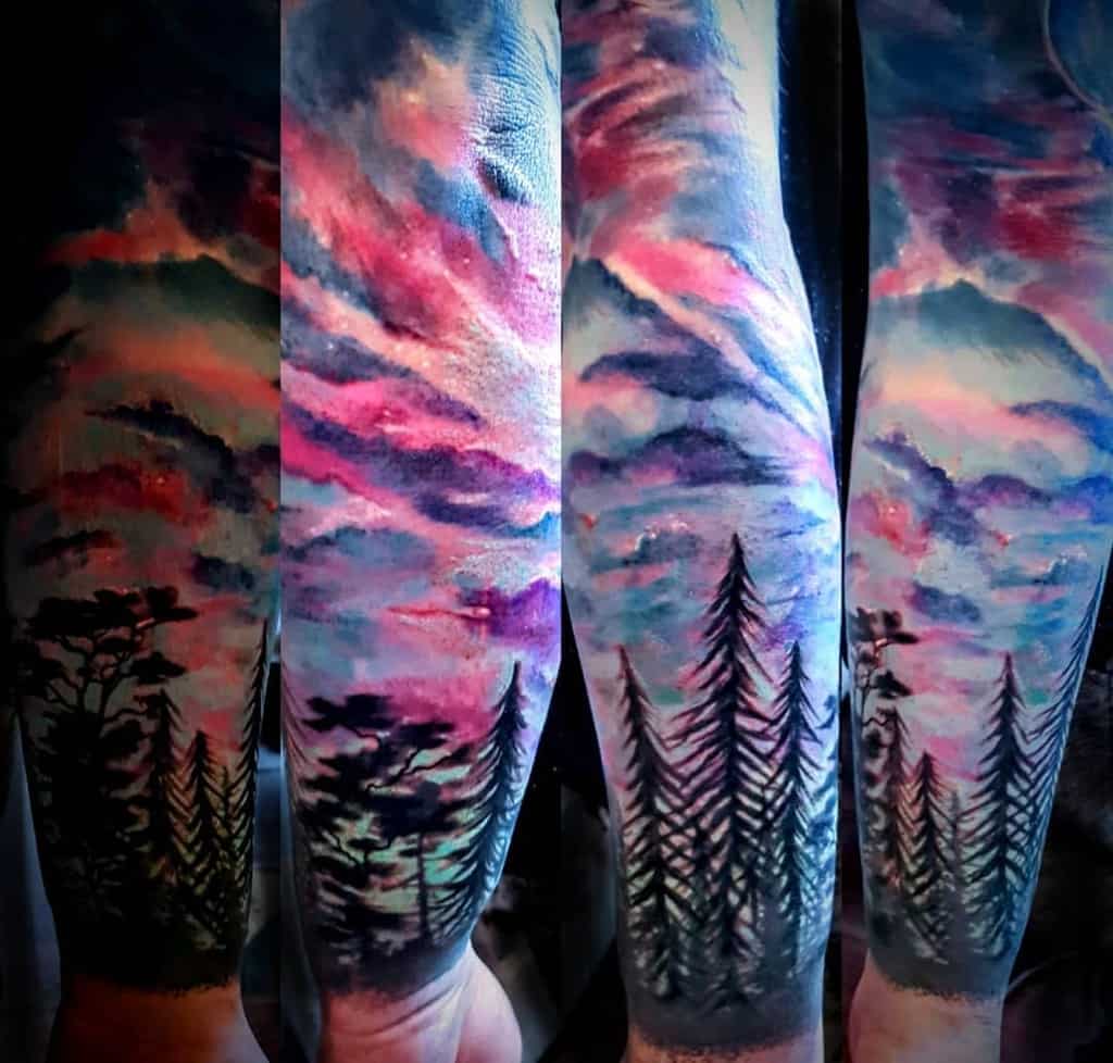 Colored Forest Sleeve Tattoos beccambtattoo