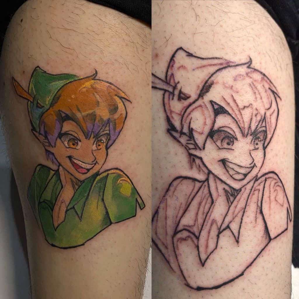 Side-by-side tattoo of Peter Pan: black ink outline on the right and vibrant, colorful finished version on the left