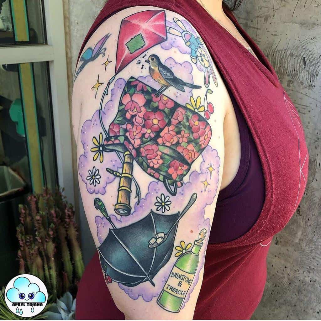Whimsical and colorful half-sleeve tattoo featuring an umbrella, floral patterns, a kite, a bird, and playful accents