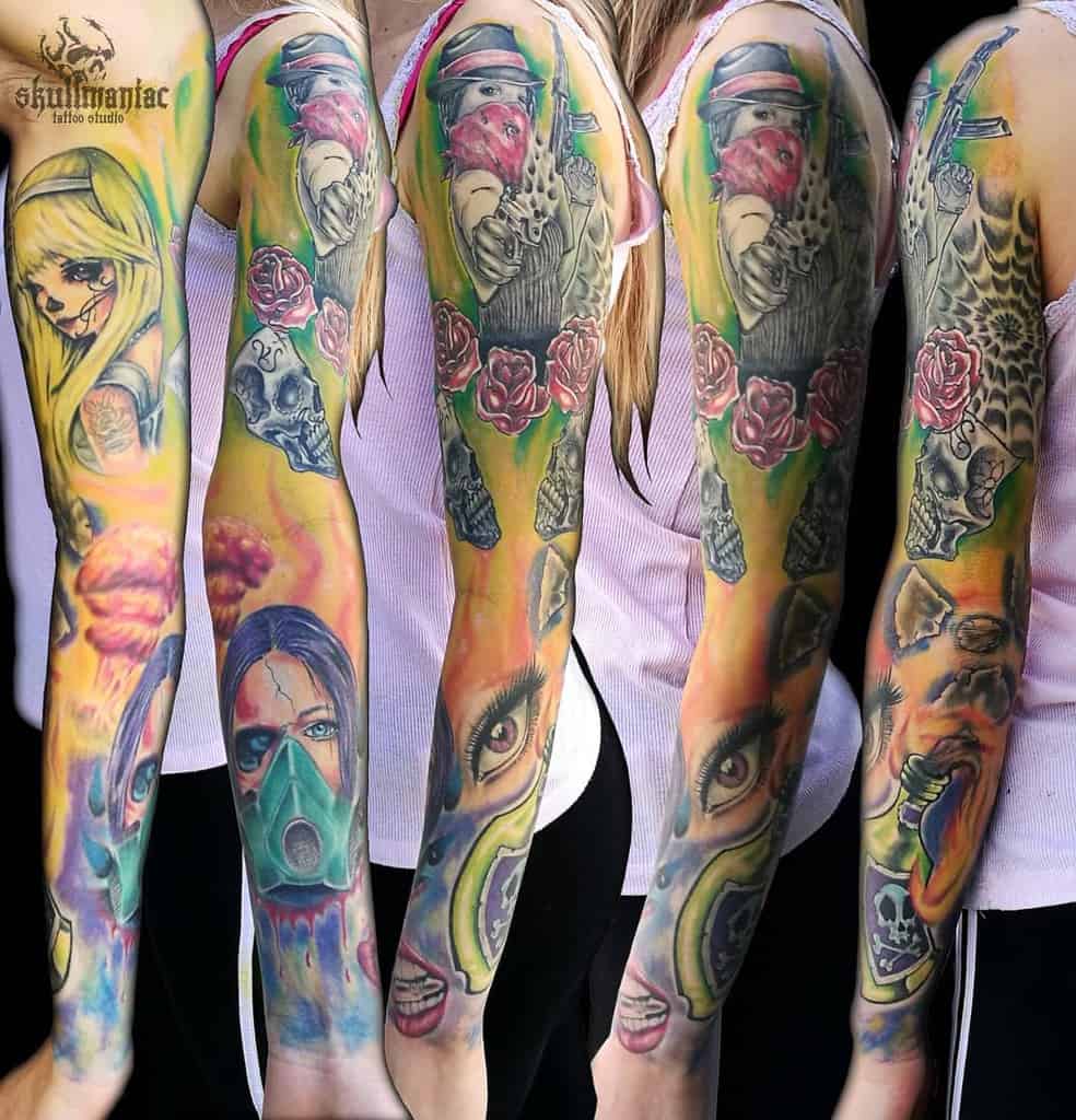 Vibrant full-sleeve tattoo with a mix of roses, skulls, and bold illustrations in striking colors for an edgy, artistic statement