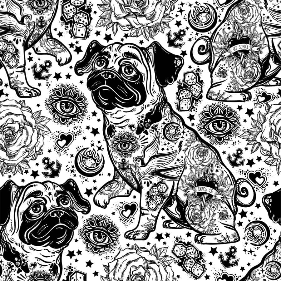 Vintage Style Traditional Tattoo Flash Bulldog Or Pug Dog Seamless Doodle Pattern.