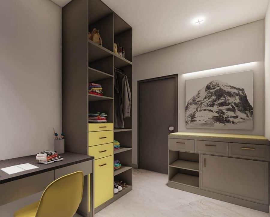 contemporary study room with gray cabinets