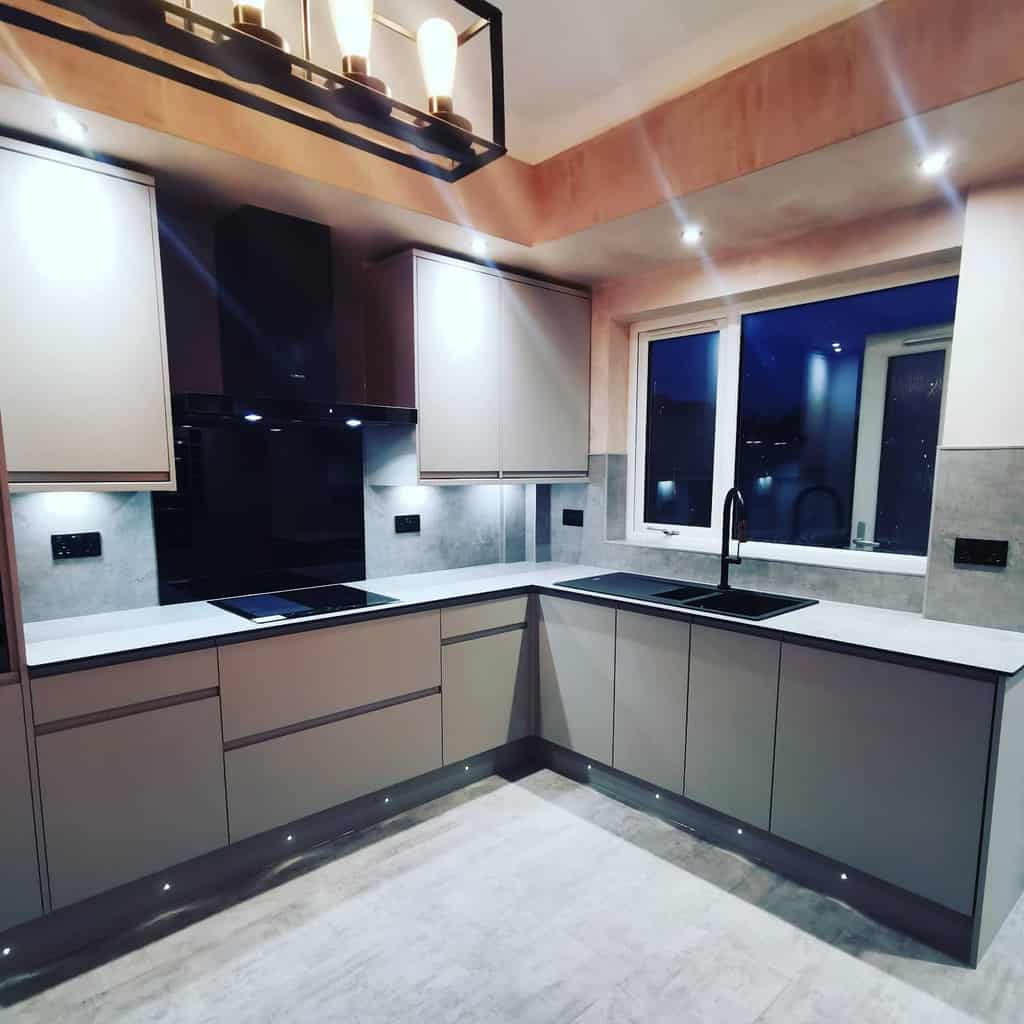 gray corner kitchen led lighting