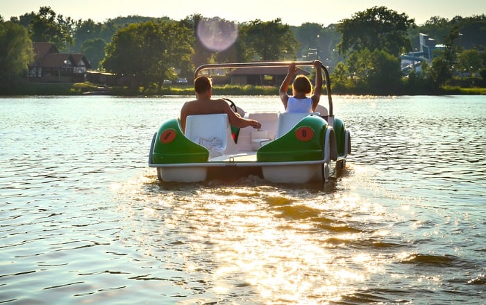 Couple In Pedal Boat On Lake