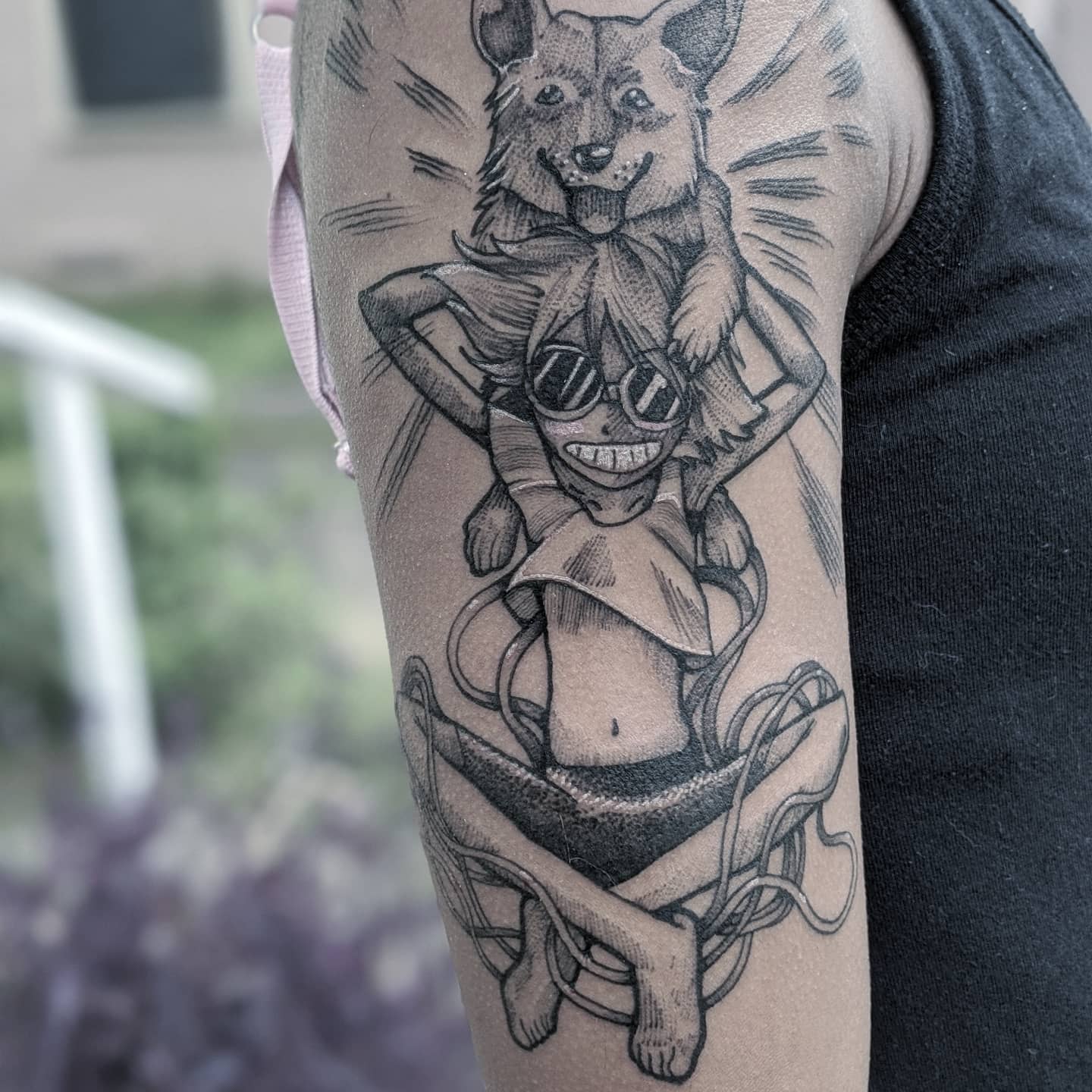 Tattoo of Edward from Cowboy Bebop, with a joyful expression and a corgi on her shoulders