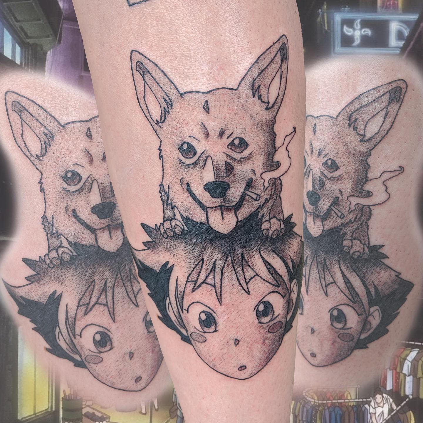 Tattoo of Edward and Ein from Cowboy Bebop, with Ein sitting on Edward's head, both looking curious
