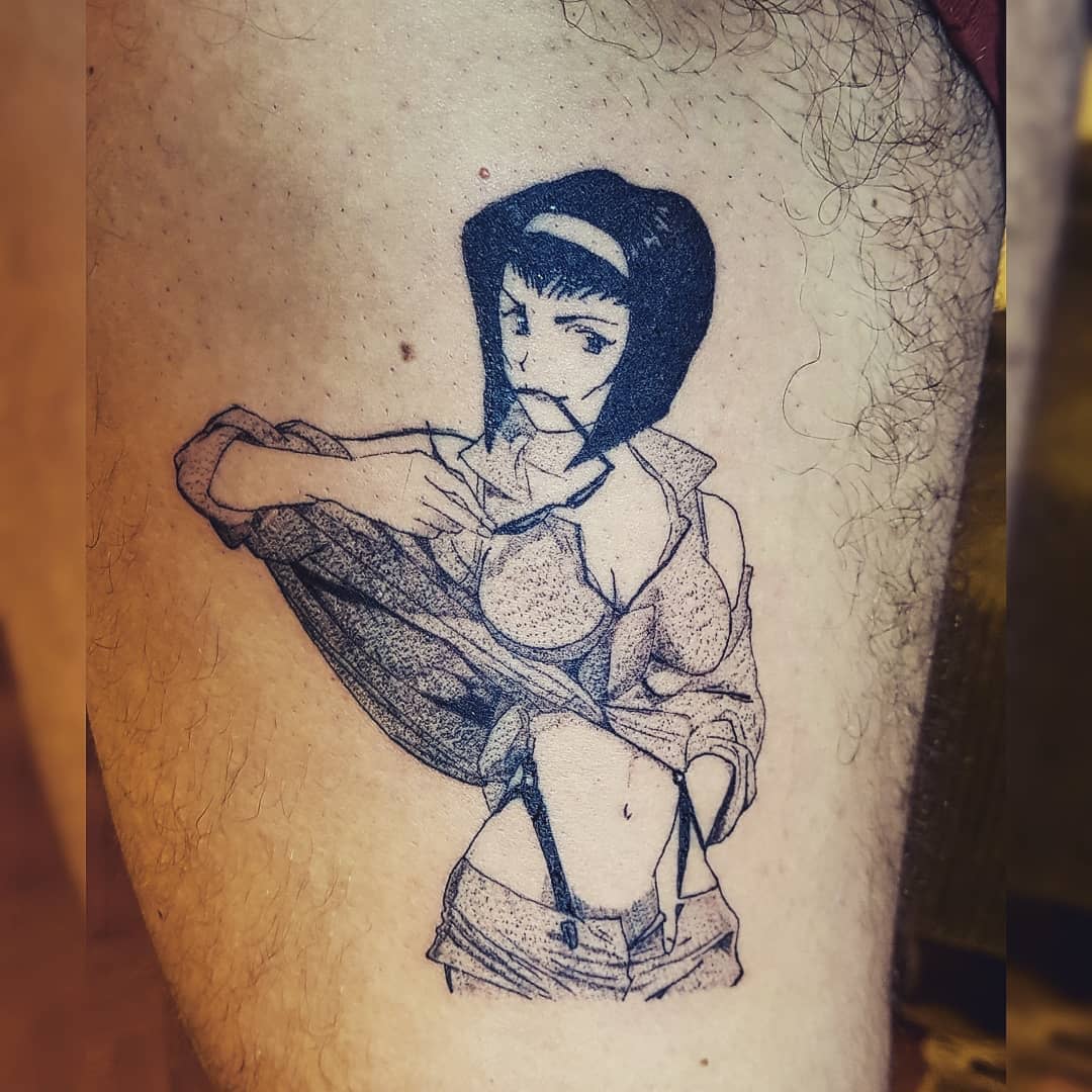 Tattoo of Faye Valentine from Cowboy Bebop, adjusting her top with a confident, cool expression