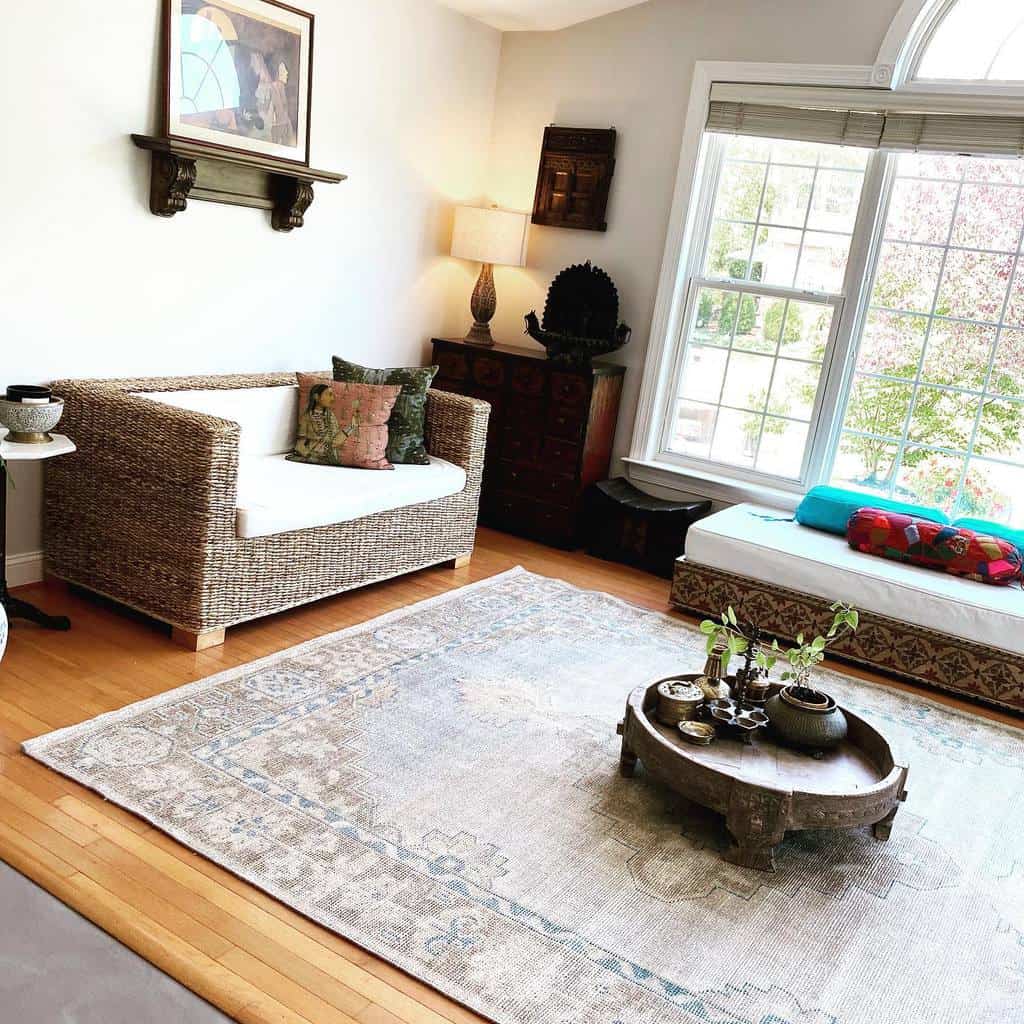 rustic sunroom with wicker sofa