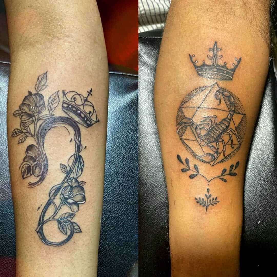 Ornate crown with flowers and vine; crowned scorpion