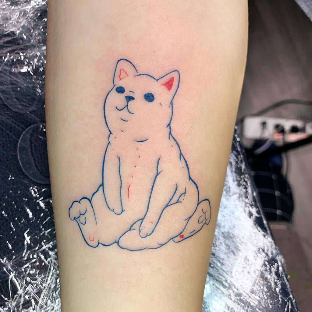 Simple outline tattoo of a seated, smiling cat on a person's forearm