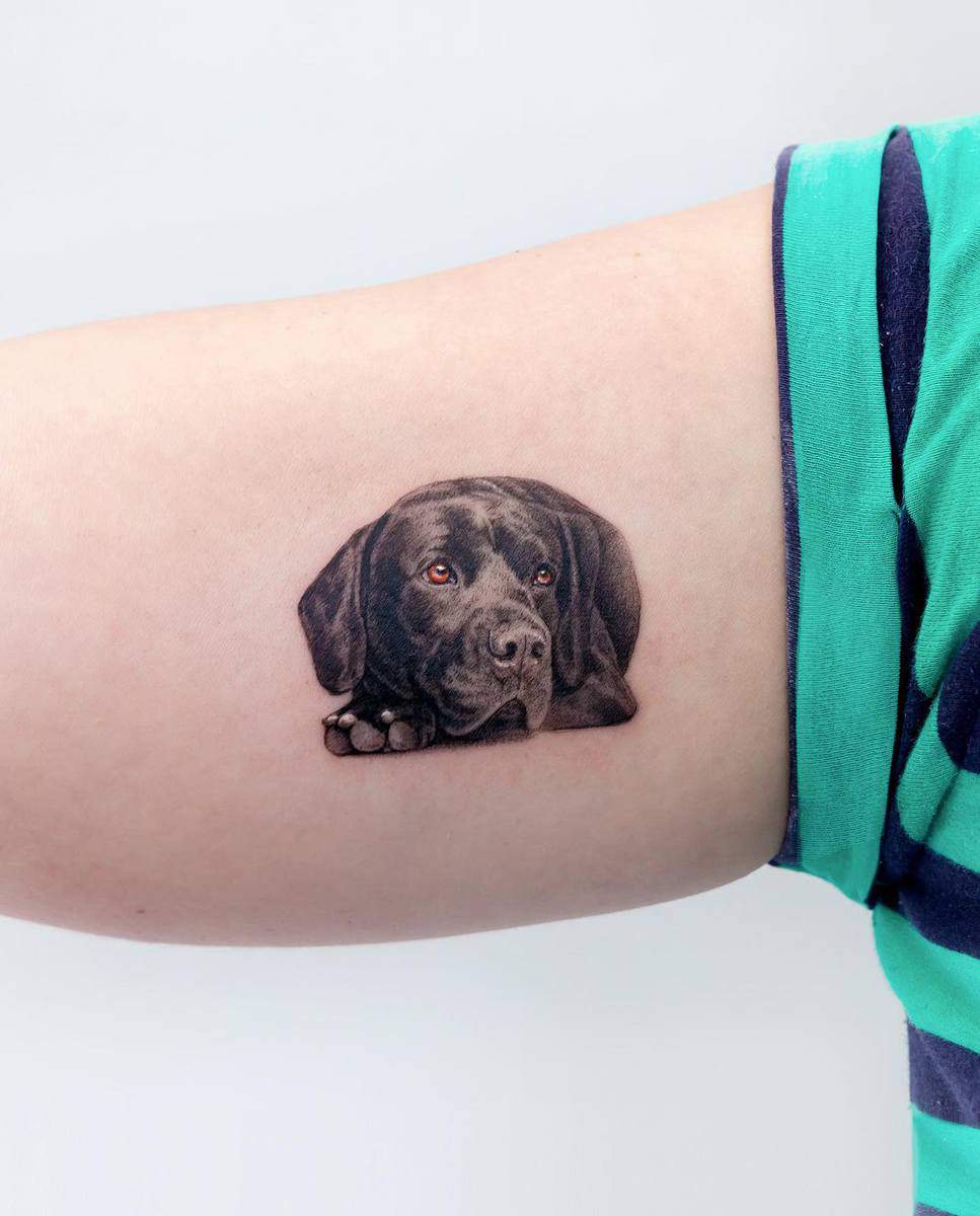 Tattoo of a resting black dog on an upper arm