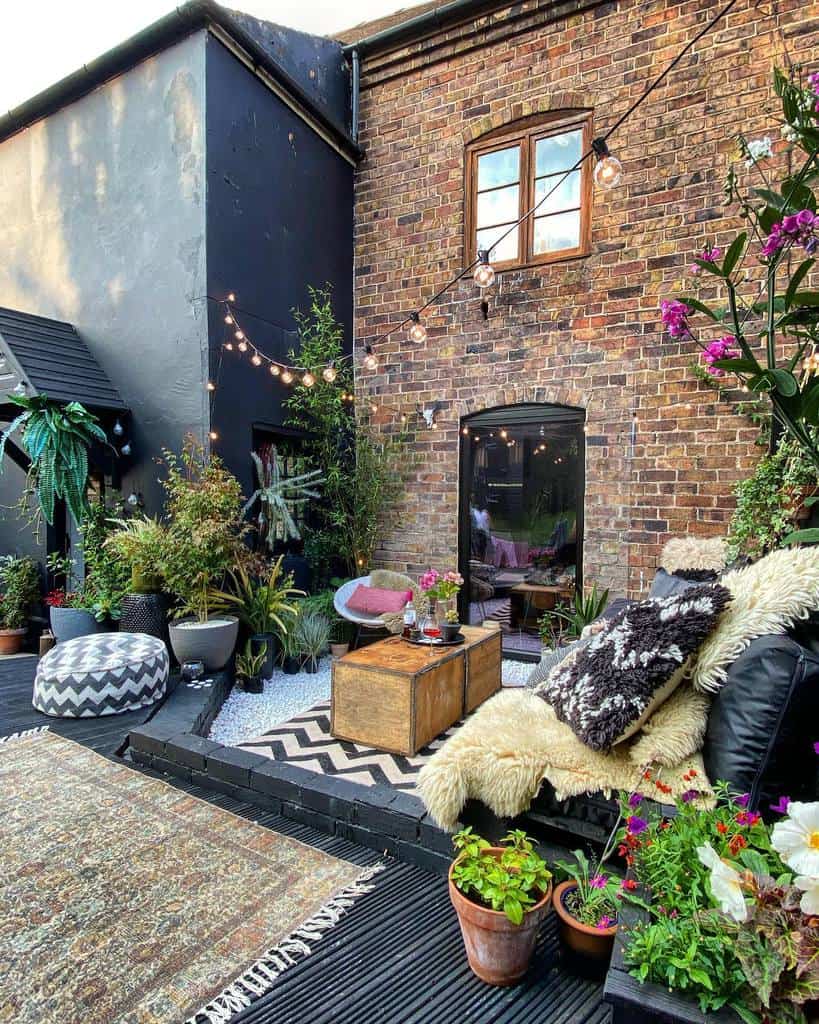 small luxury patio with leather sofa and floor rug