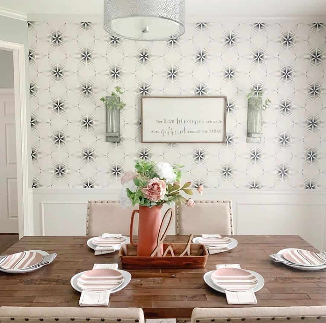 white and blue pattern wallpaper dining room