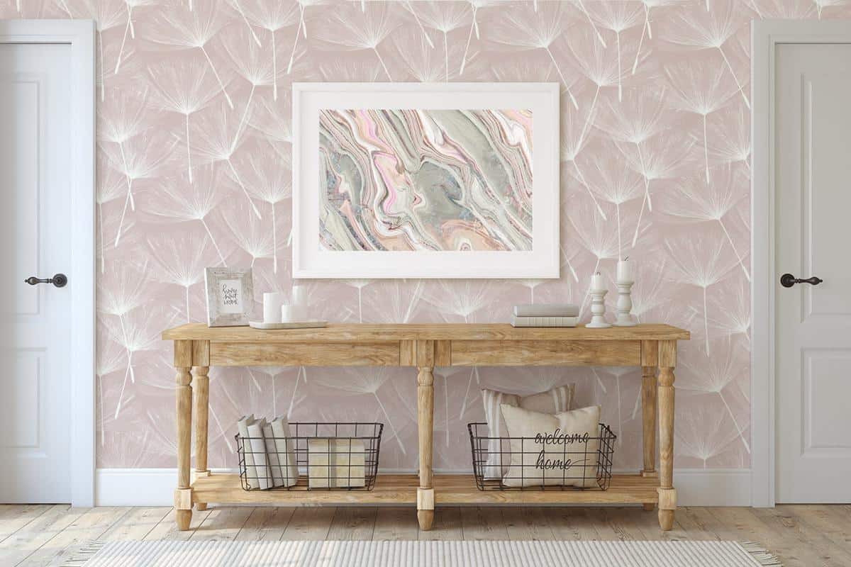 pink wallpaper wood cabinet