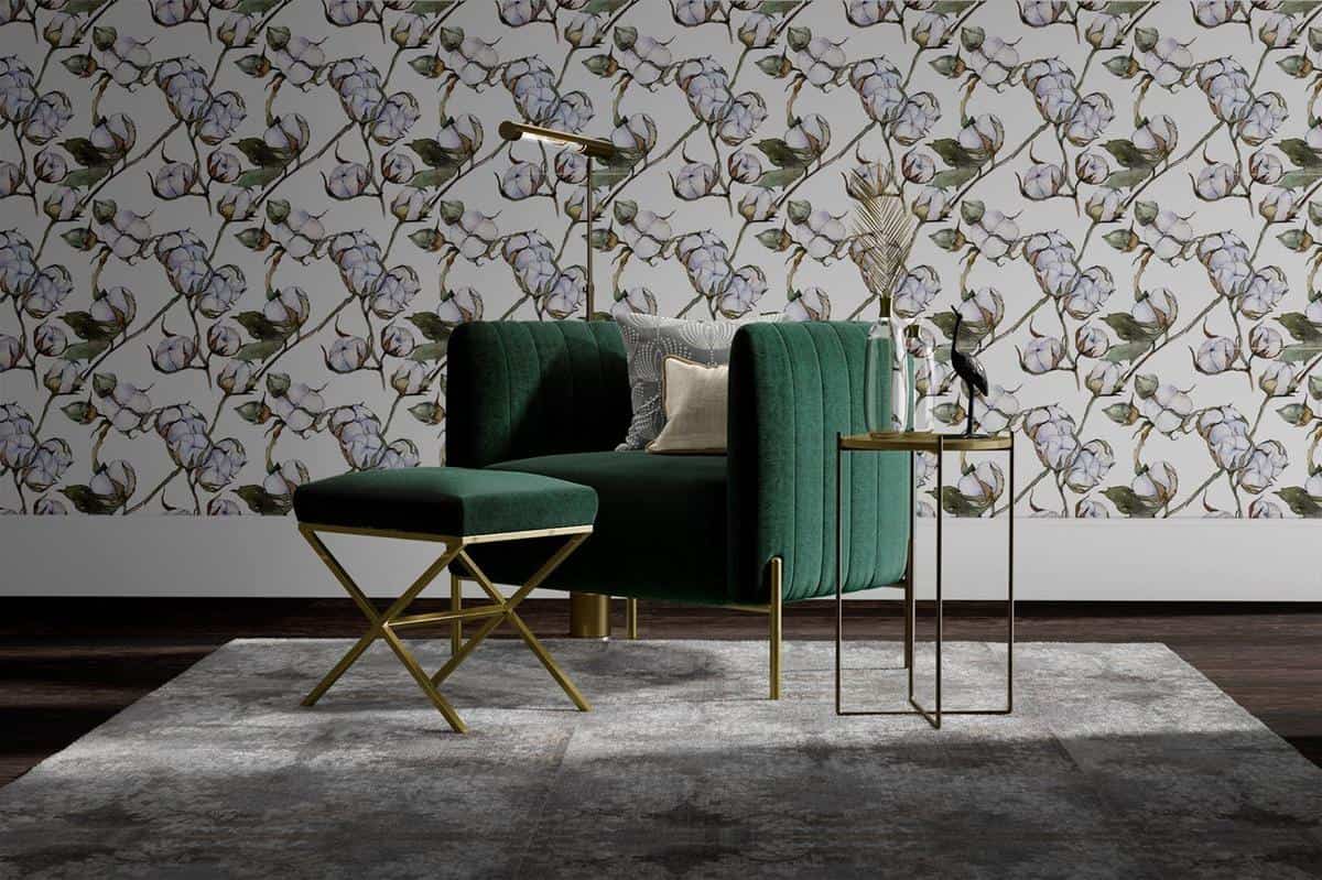 floral wallpaper with green accent chair