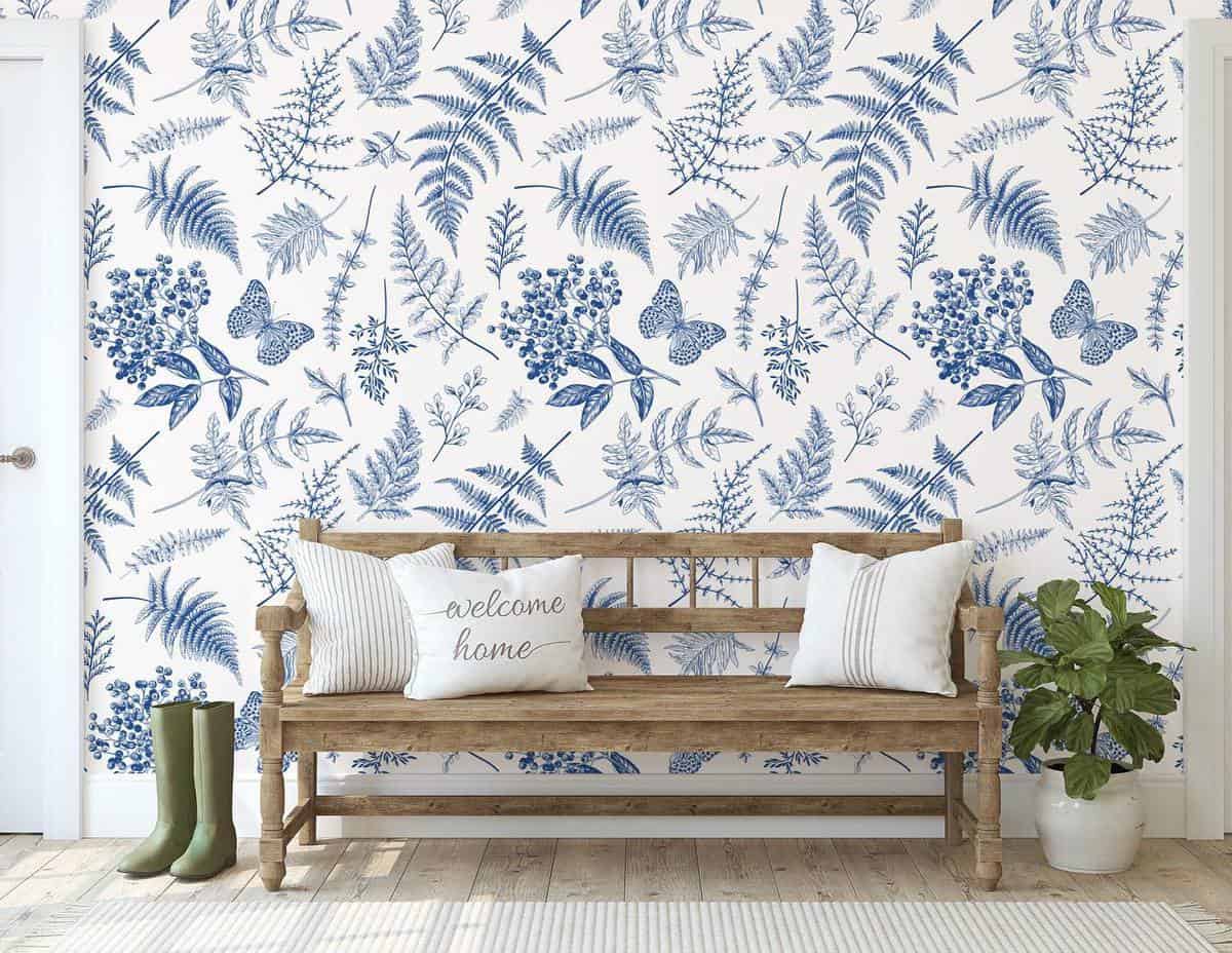 white and blue floral wallpaper wood bench